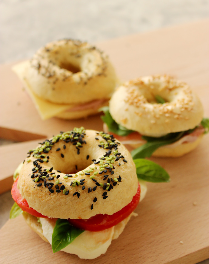 homemade mini bagels stuffed with tomato basil and mozzarella