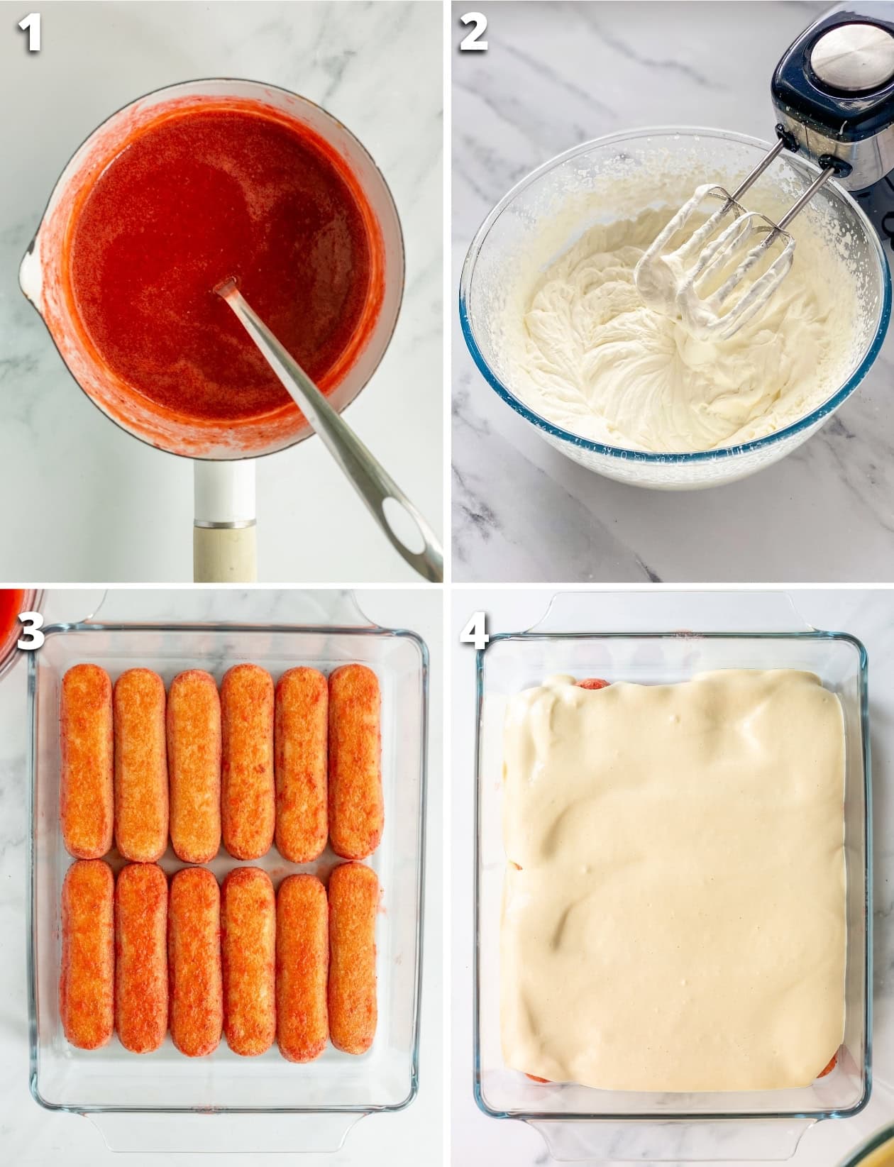 collage of four images showing the four steps to make the tiramisu recipe.