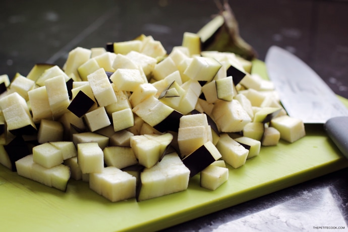 eggplant cut into cubes for pasta norma.