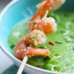 Pea and Mint soup with Thai shirmp skewers - A vibrant heart-warming soup, both dairy-free and gluten-free ! Recipe by The Petite Cook - www.thepetitecook.com
