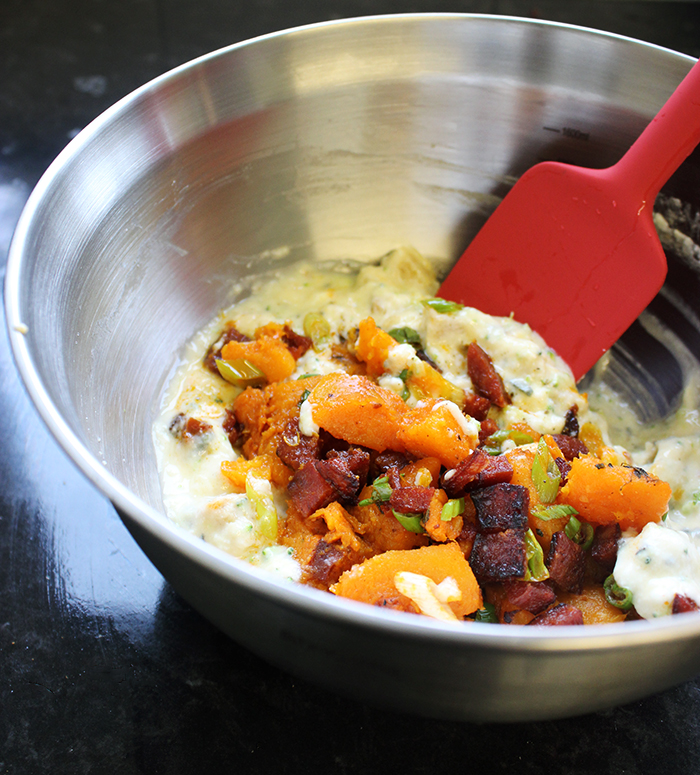 chorizo pumpkin muffins batter mixed in a bowl.