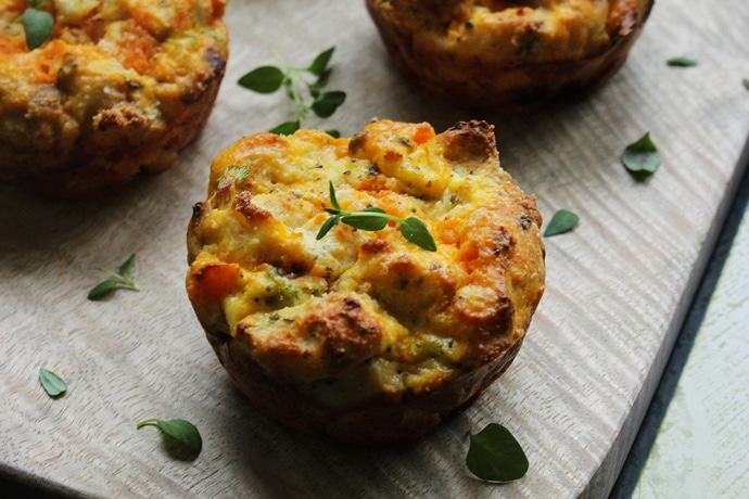 A crispy muffin filling of spicy chorizo and sweet pumpkin - a perfect way to start your morning on cold days. Super moist, packed with flavor, fast and easy! Recipe by The Petite Cook