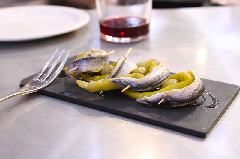 Traditional Gilda de guindilla, boqueron y aceituna.