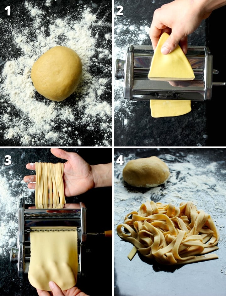 collage of four images showing the four steps on how to make homemade pasta.