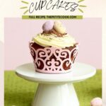 easter mini egg cupcake topped with vanilla buttercream frosting. Image with text for Pinterest.