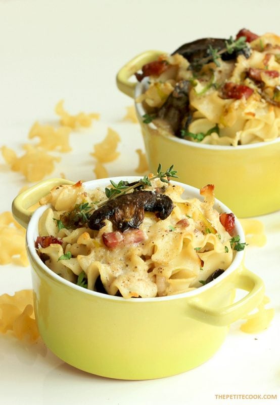 gluten-free pasta bake topped with mushrooms and pancetta and served in individual pots