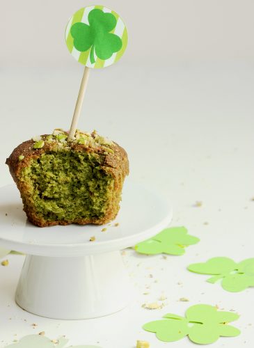 Matcha Green Tea & Pistachios Muffin on a cupcake stand