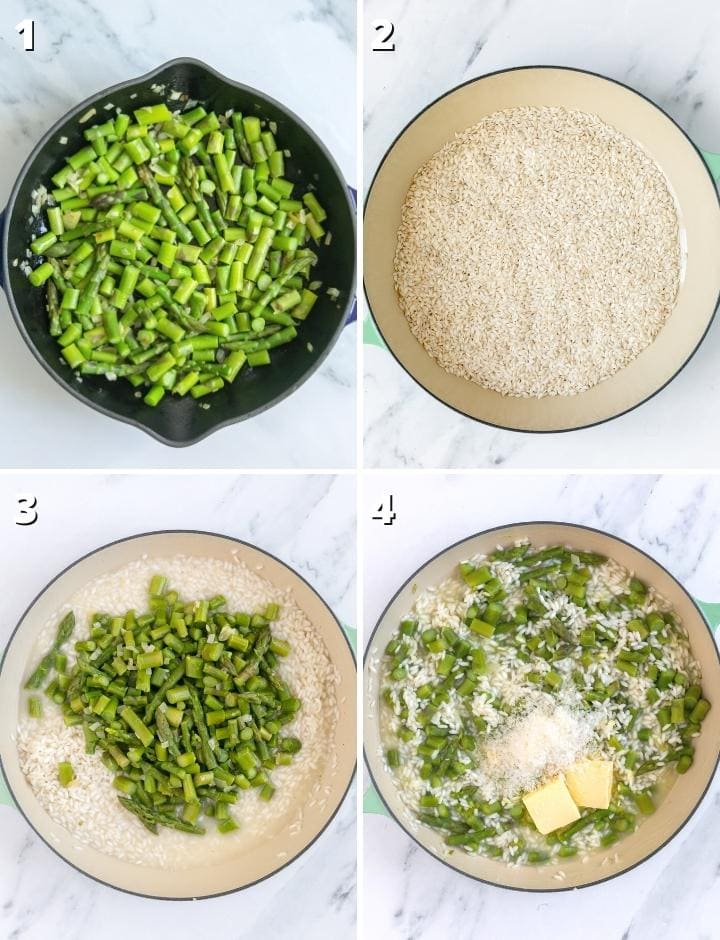 collage of four images showing the four steps to make asparagus risotto.