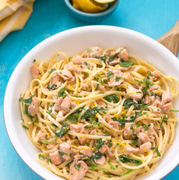 creamy salmon pasta with spinach, garlic and lemon.