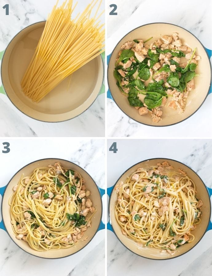 salmon pasta step by step recipe collage: stir fried salmon with spinach and garlic, pasta cooked in pot of water, cooked pasta mixed with salmon and spinach, creme fraiche and parsley stirred into the pot with the pasta.