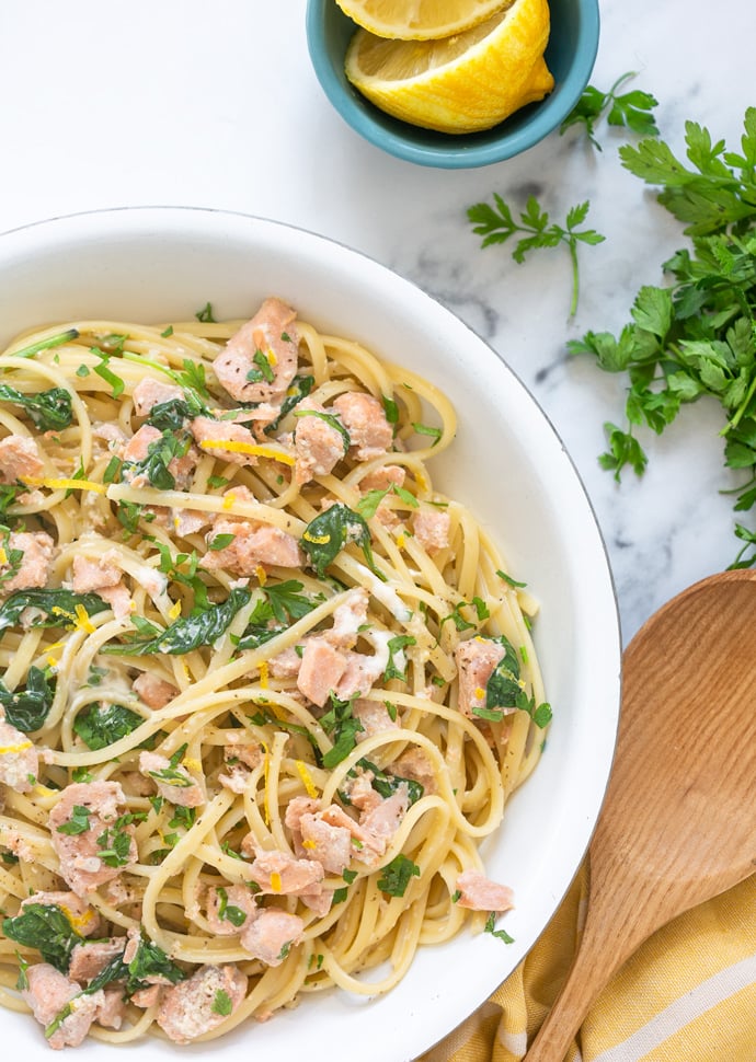 creamy lemon salmon pasta with spinach and garlic.