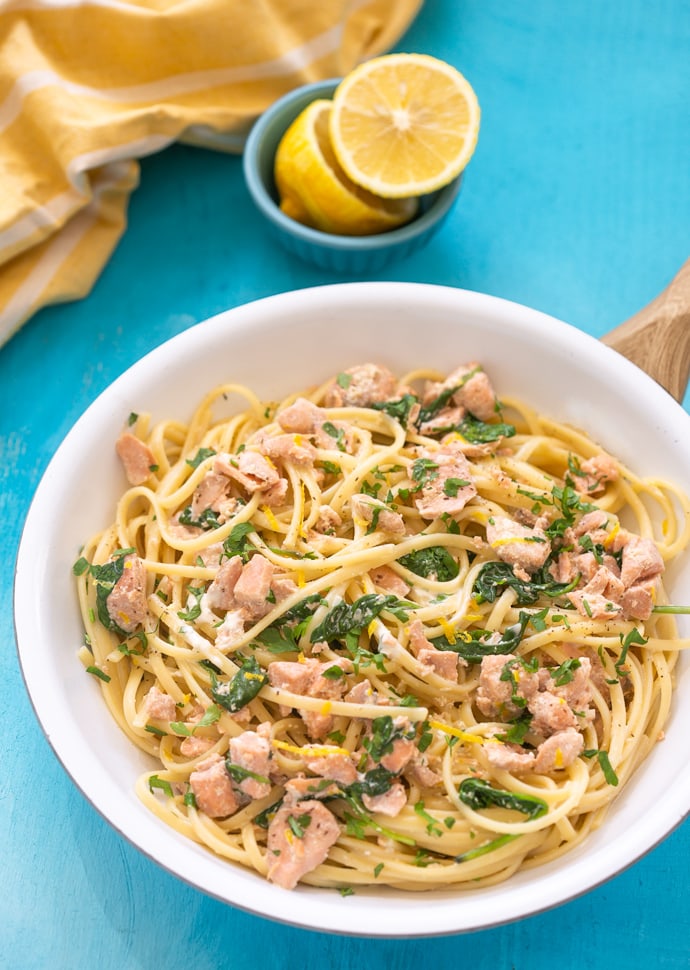 creamy garlic salmon pasta.