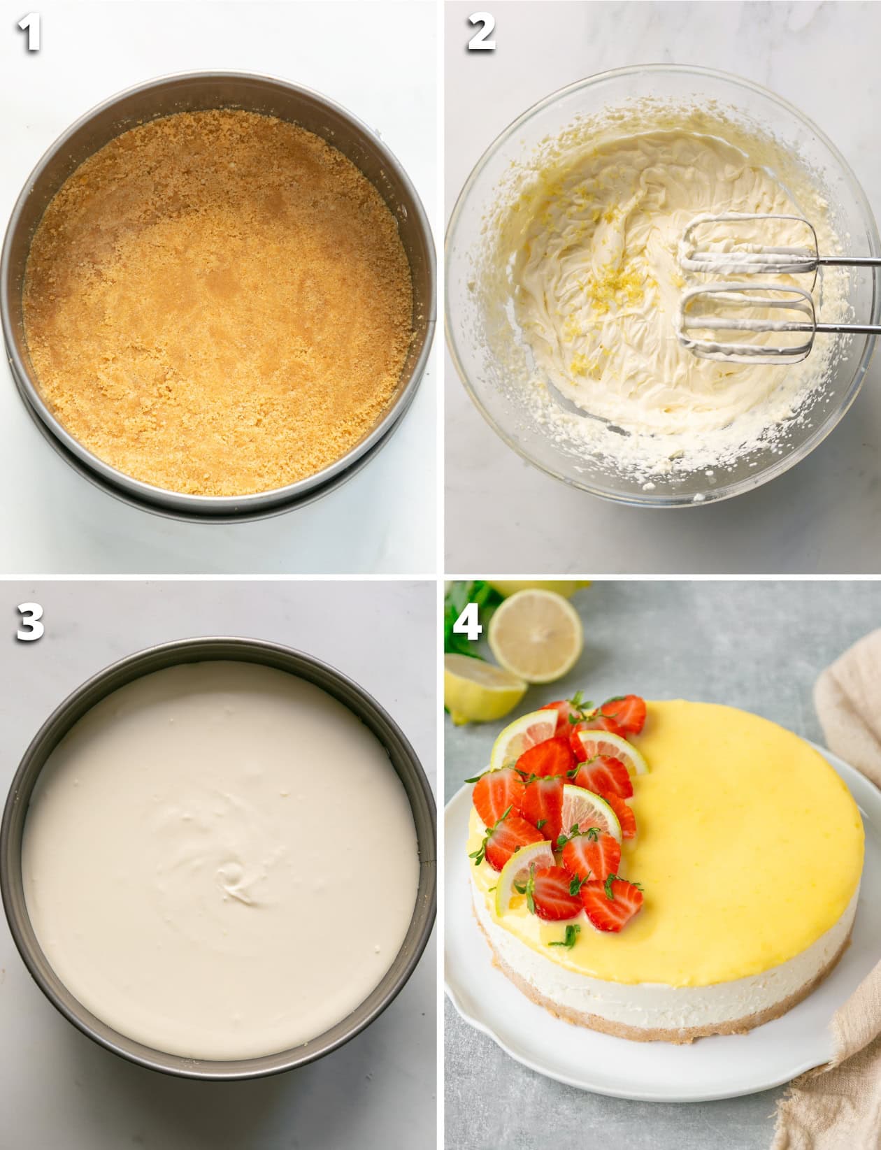yuzu cheesecake step by step: 1 cookie crumb base pressed into a springform pan, 2 cream cheese filling beaten in a glass bowl with citrus zest, 3 smooth filling poured over the base, 4 finished yuzu cheesecake topped with yuzu curd, strawberries and citrus slices