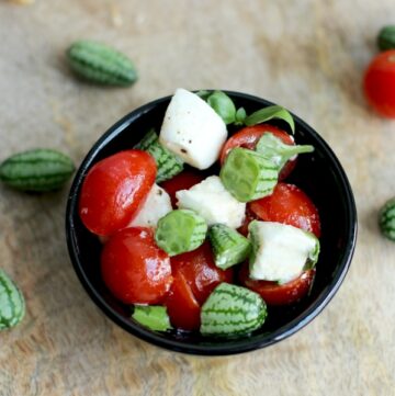 Give a twist to the classic italian caprese salad and add some awesome micro melons for a refreshing summer treat! Light Healthy recipe by The Petite Cook