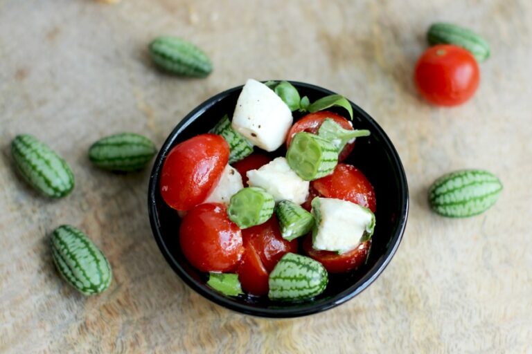 Give a twist to the classic italian caprese salad and add some awesome micro melons for a refreshing summer treat! Light Healthy recipe by The Petite Cook