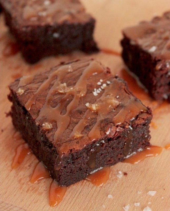 avocado brownies with caramel sauce on top