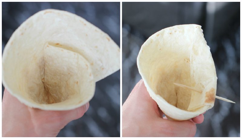 two images collage, first images shows tortilla shaped into a cone, second image shows a toothpick securing the cone.