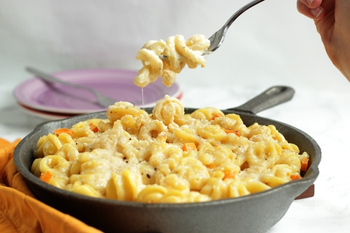 hand holding a forkful of pumpkin mac and cheese over a skillet with pumpkin mac and cheese