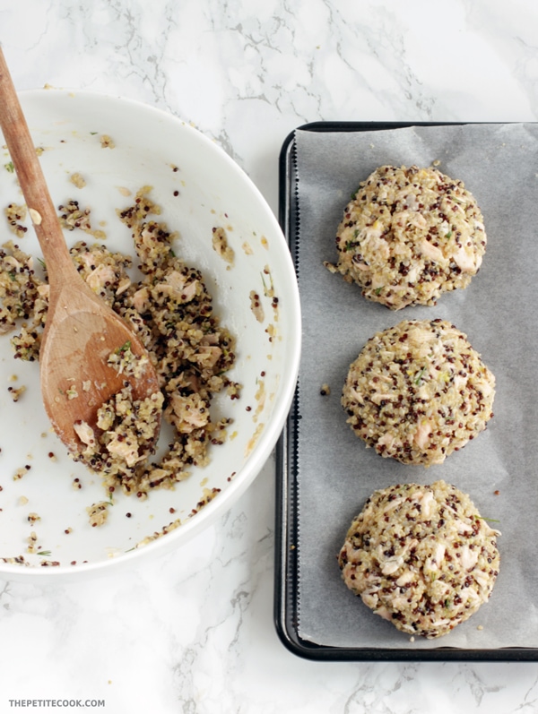 A healthy take on fish cakes - these easy-to-make Salmon Quinoa Fishcakes make a quick and balanced meal, plus they're gluten-free and dairy-free - Recipe from www.thepetitecook.com