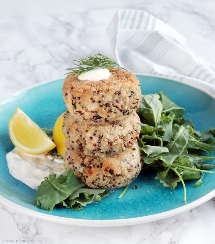 A healthy take on fish cakes - these easy-to-make Salmon Quinoa Fishcakes make a quick and balanced meal, plus they're gluten-free and dairy-free - Recipe from www.thepetitecook.com