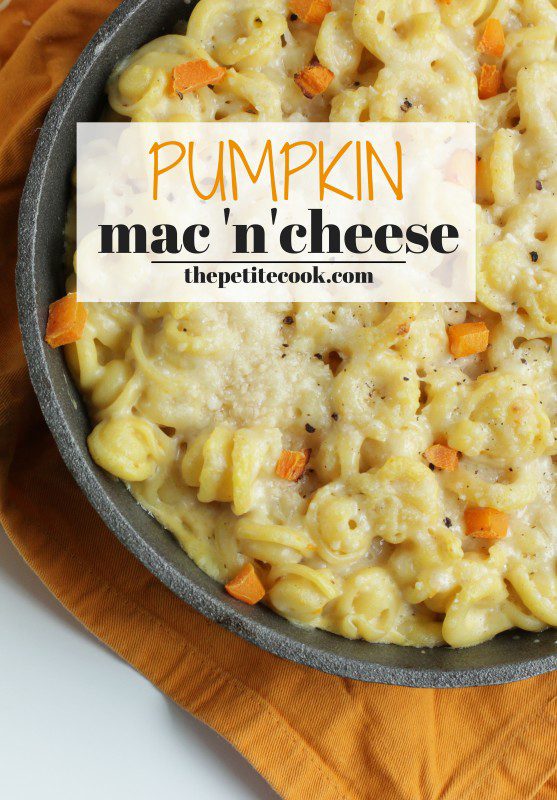 pumpkin mac and cheese in a skillet, image for pinterest