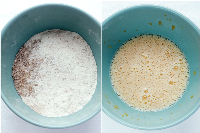 recipe step 1 and step 2 collage: bowl with dry ingredients, next to a bowl with wet ingredients.