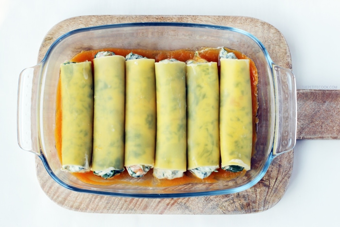 Vegetarian Ricotta, Spinach and Pumpkin Cannelloni - An Easy-to-make, super light recipe that turns comfort food into a special meal perfect to celebrate fall season. Recipe from www.thepetitecook.com