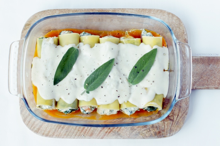 Vegetarian Ricotta, Spinach and Pumpkin Cannelloni - An Easy-to-make, super light recipe that turns comfort food into a special meal perfect to celebrate fall season. Recipe from www.thepetitecook.com