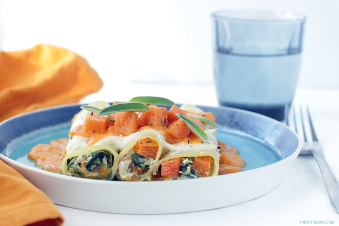 Vegetarian Ricotta, Spinach and Pumpkin Cannelloni - An Easy-to-make, super light recipe that turns comfort food into a special meal perfect to celebrate fall season. Recipe from www.thepetitecook.com