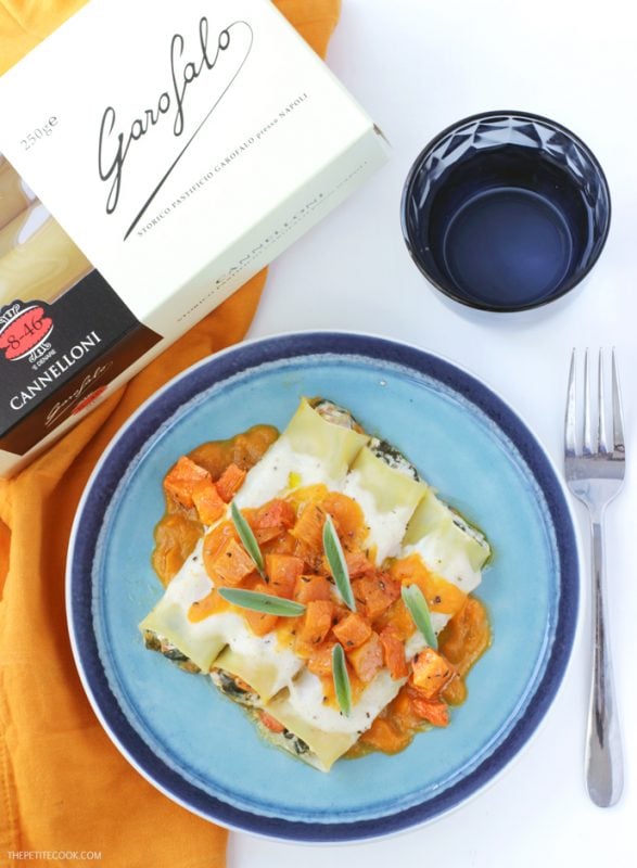 Vegetarian Ricotta, Spinach and Pumpkin Cannelloni - An Easy-to-make, super light recipe that turns comfort food into a special meal perfect to celebrate fall season. Recipe from www.thepetitecook.com