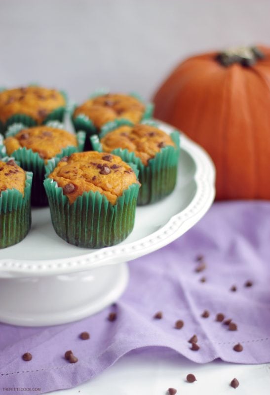 dairy-free pumpkin muffins on a cake stand, pumpkin in the background