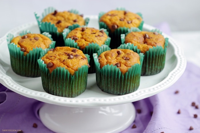 dairy-free pumpkin muffins on a cake stand