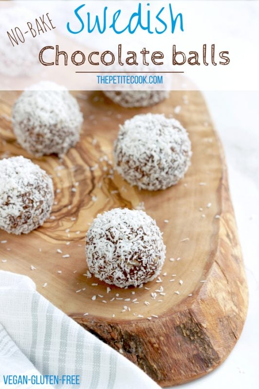 Chokladbollar: Swedish Chocolate Balls on wood board, image optimized for Pinterest