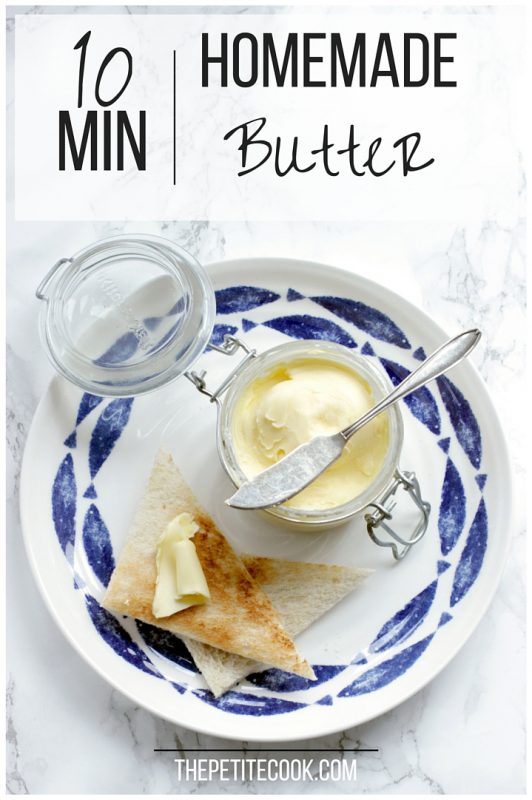 homemade butter in jar with knife over it, bread toasted with butter on top on a large plate, image optimized for Pinterest