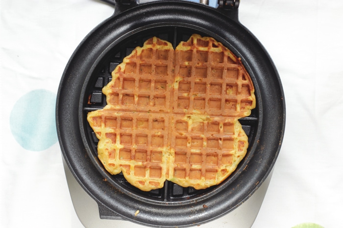 waffle batter cooked through onto the waffle maker