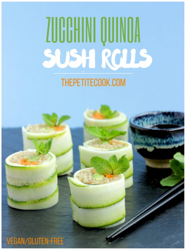 Vegan Zucchini Quinoa Sushi Rolls - Fresh and super crunchy, packed with veggies and superfoood quinoa. Make these awesome vegan/gluten-free/dairy-free rolls for a delightful lunch or as snack. Perfect to entertain guests! Recipe from www.thepetitecook.com