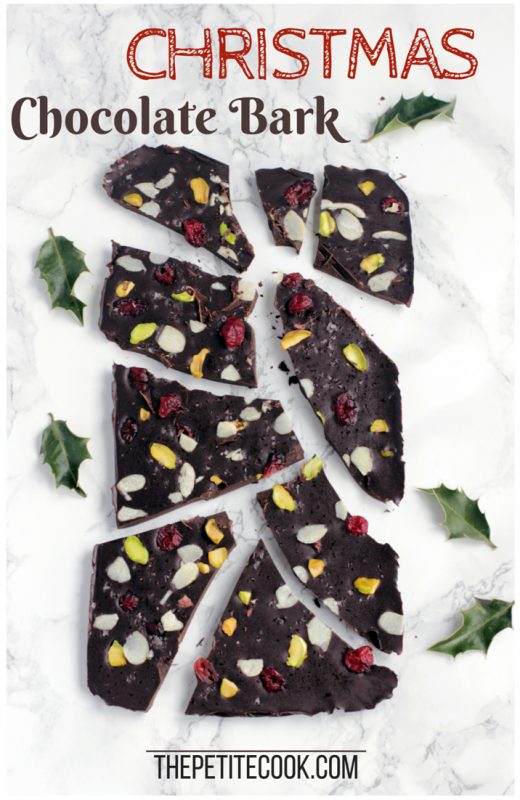 Christmas chocolate bark cut into pieces, image optimized for Pinterest