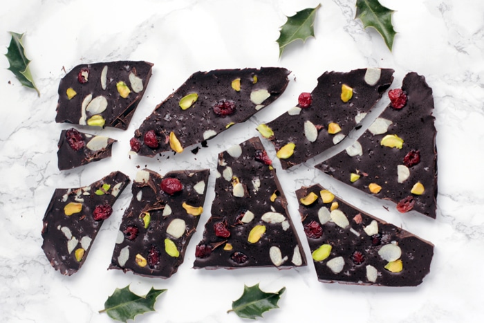 Christmas chocolate bark cut into pieces