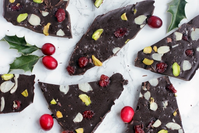 Christmas chocolate bark cut into pieces