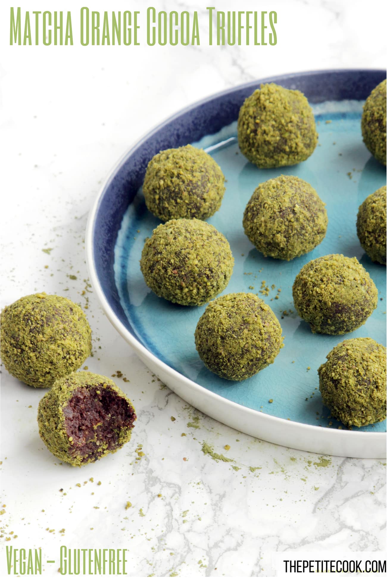 4-ingredient orange cocoa truffles rolled in matcha powder and pistachios. A deliciously energy-packed healthy treat ready in just 10 minutes! - Vegan - Gluten-free - Dairy-free recipe from www.thepetitecook.com