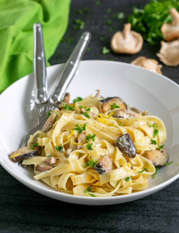 shiitake mushroom tagliatelle pasta in a plate