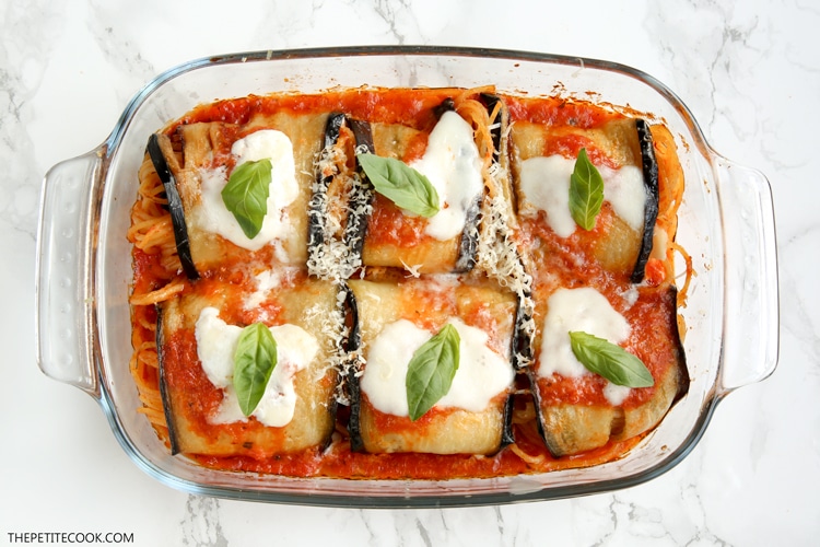 Eggplant spaghetti sandwiches in baking dish