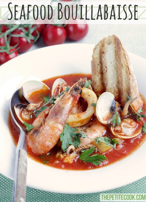 This simple Seafood Bouillabaisse is love at first spoon - Filled with aromatic Mediterranean flavors infused in a delicate saffron aroma, this light and easy version is ready in 30 mins and naturally gluten-free and dairy-free. Recipe from www.thepetitecook.com