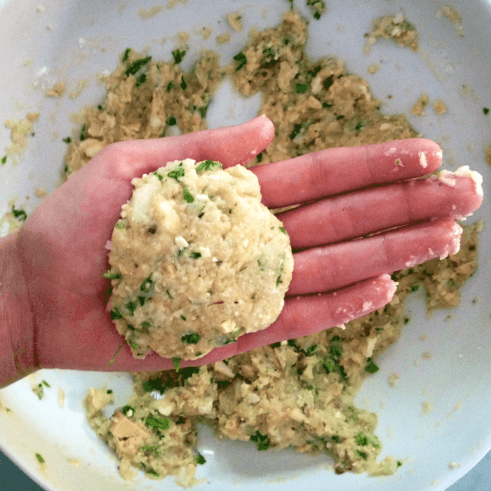 hand holding a small amount of mixture shaped as a flatten disk