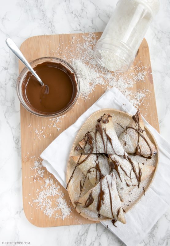 Nutella and coconut samosas served with melted chocolate on the side