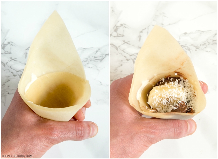 recipe step 2 collage: first image showing pastry sheet formed into a cone, second image showing the cone filled with nutella, banana, coconut flakes.