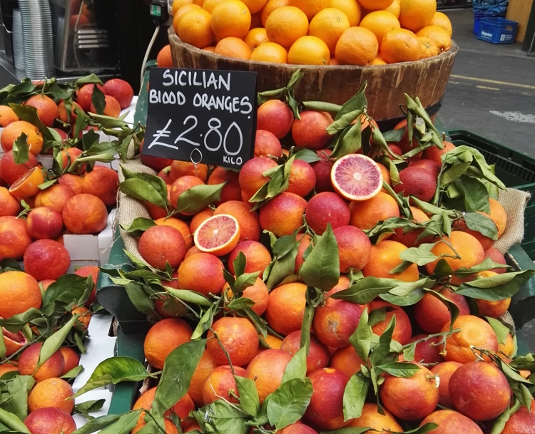 blood oranges on display at the Borough Market in London