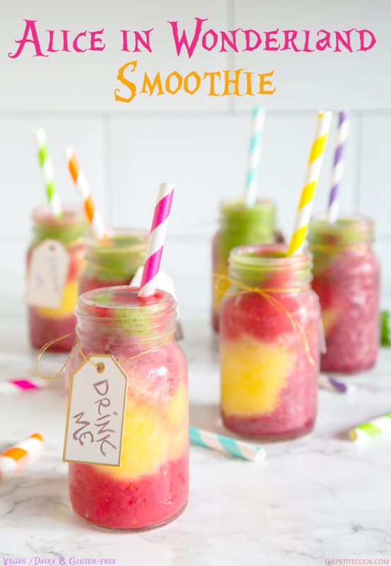 This vibrant #vegan Wonderland Smoothie is packed with vitamins and healthy goodness - A fun colourful addition to any Alice in Wonderland themed party. Recipe from www.thepetitecook.com