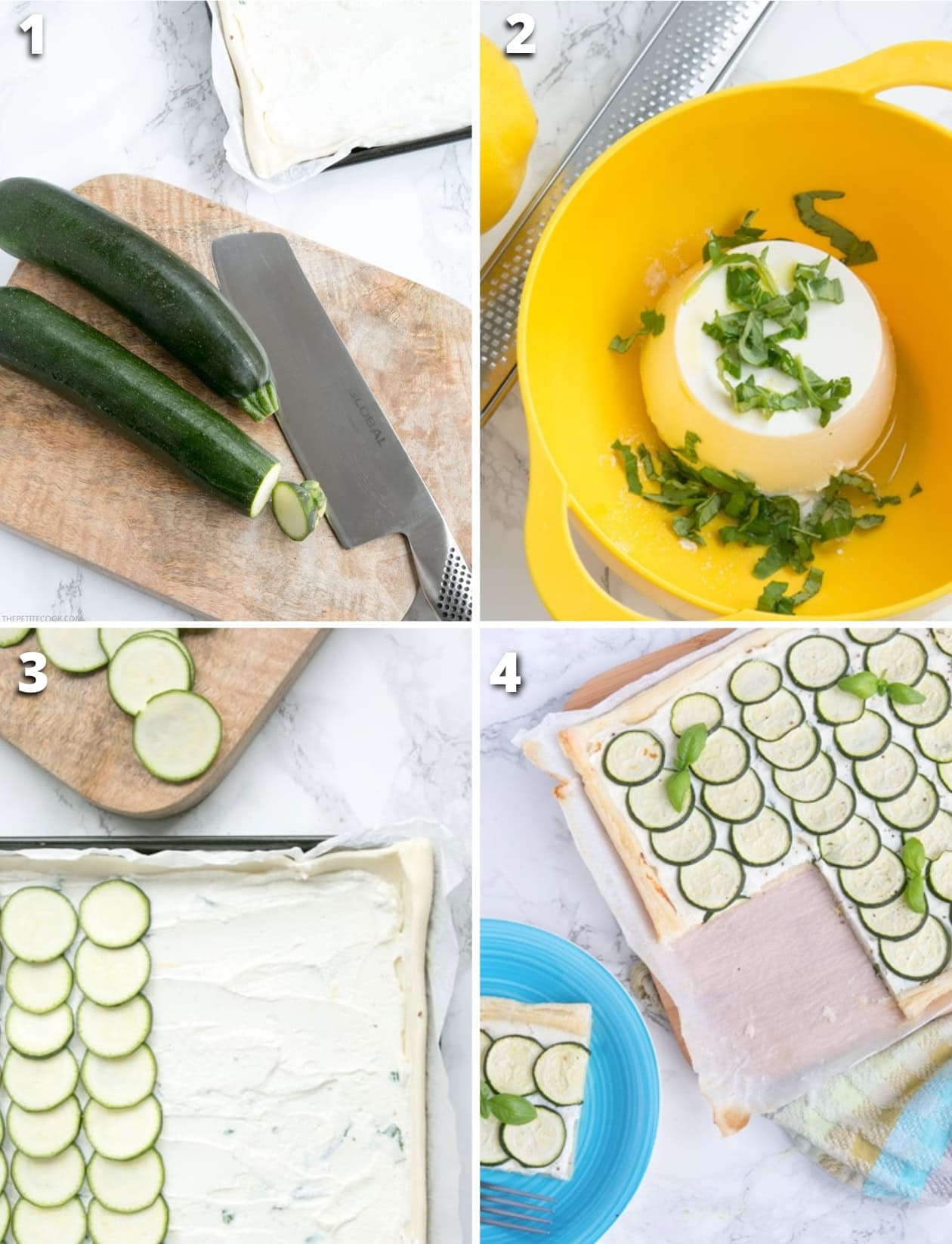 Zucchini ricotta tart step-by-step collage showing cut zucchini, ricotta filling mixed with herbs, assembly, and baked tart.
