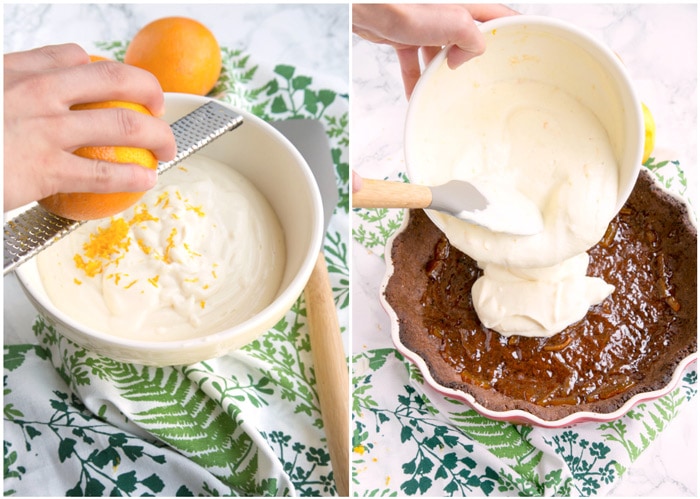 collage of two images showing tart filling with orange zest, and tart filling poured over the tart base.